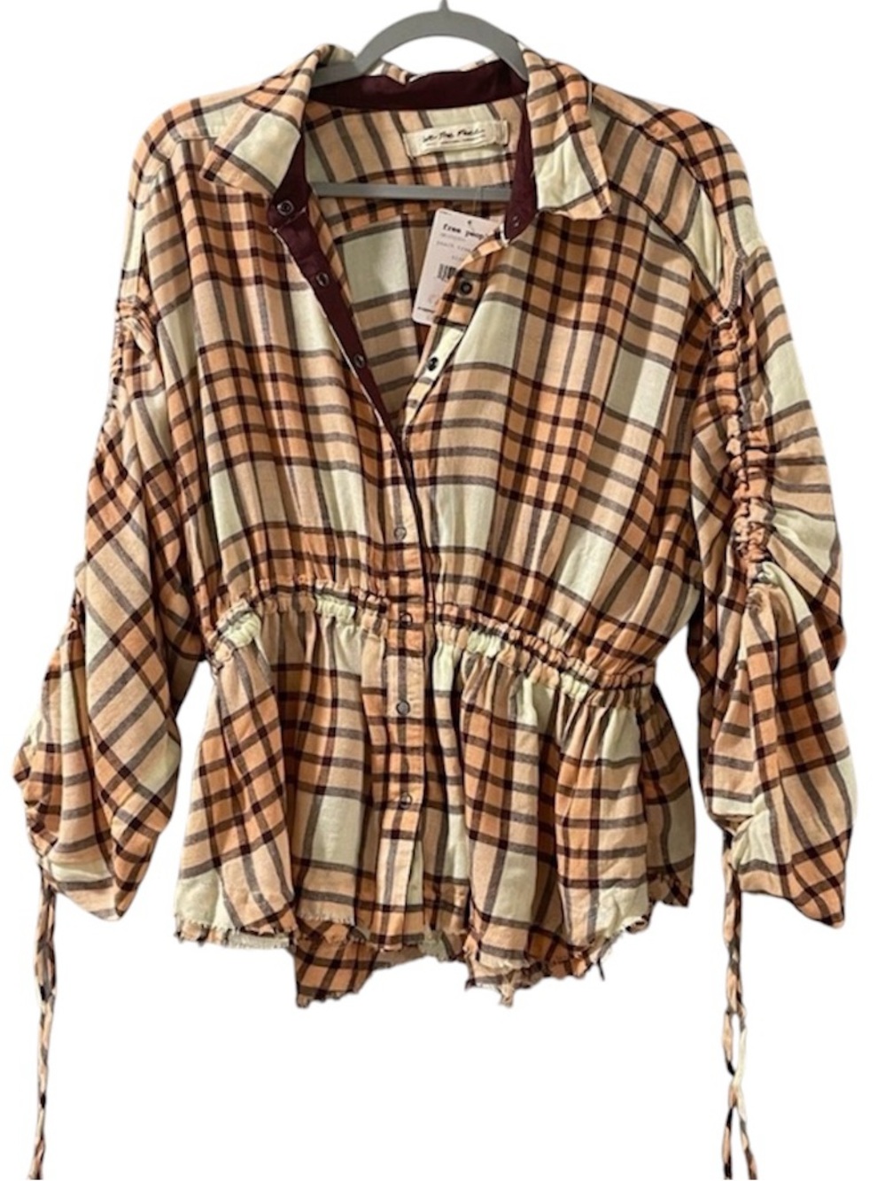 NWT Free People Boho Tan and Cream Plaid Peplum Snap Closure Top Large - Picture 2 of 3